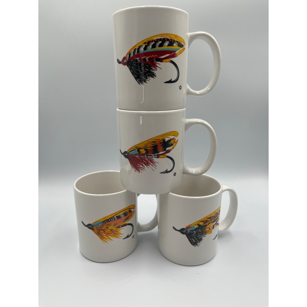 Winnie Stanford Designs Fly Fishing Lure Coffee Mugs Set of 4 Vintage